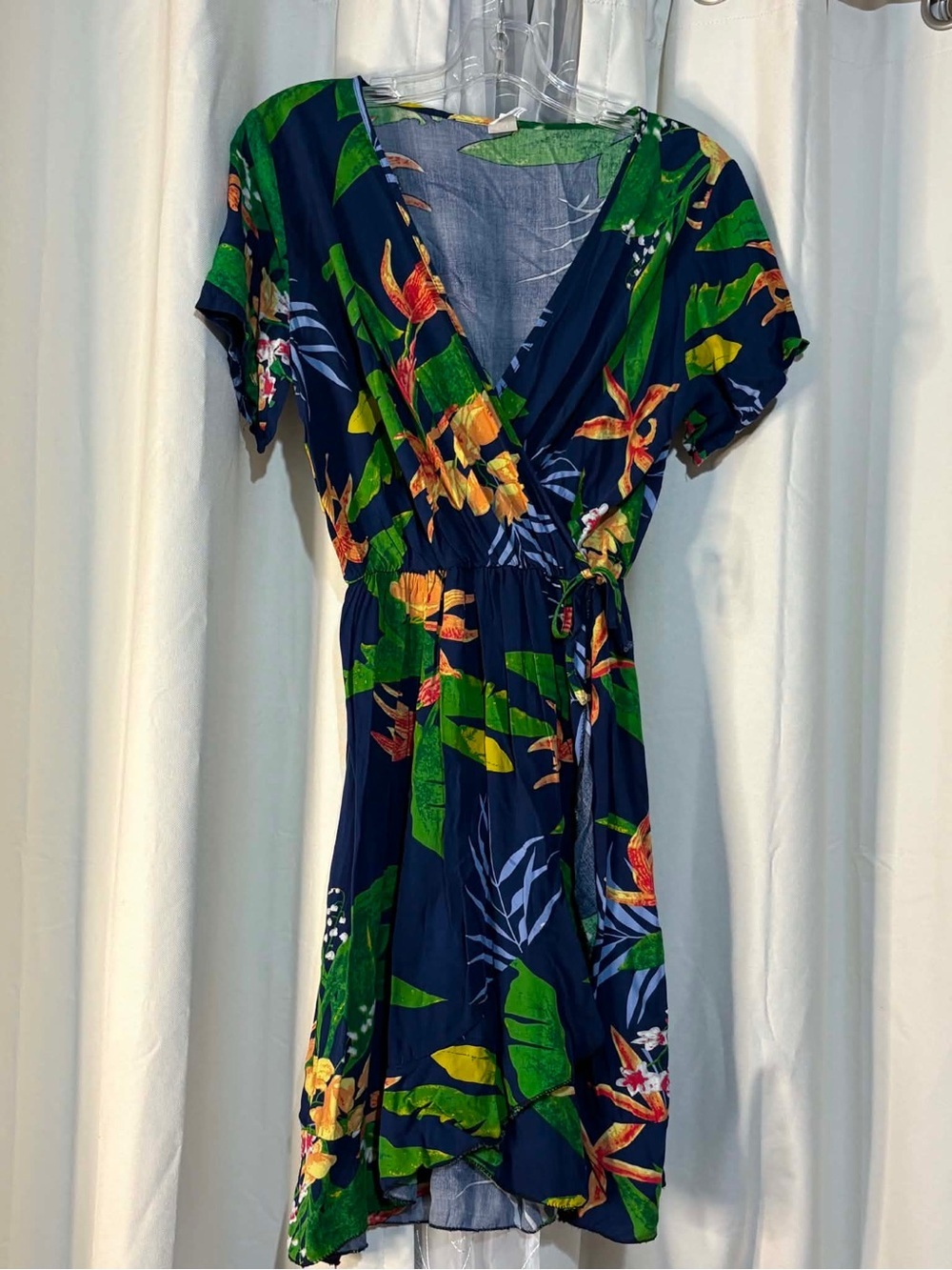 Navy Tropical Wrap Summer Dress with Green Floral Print Size Medium